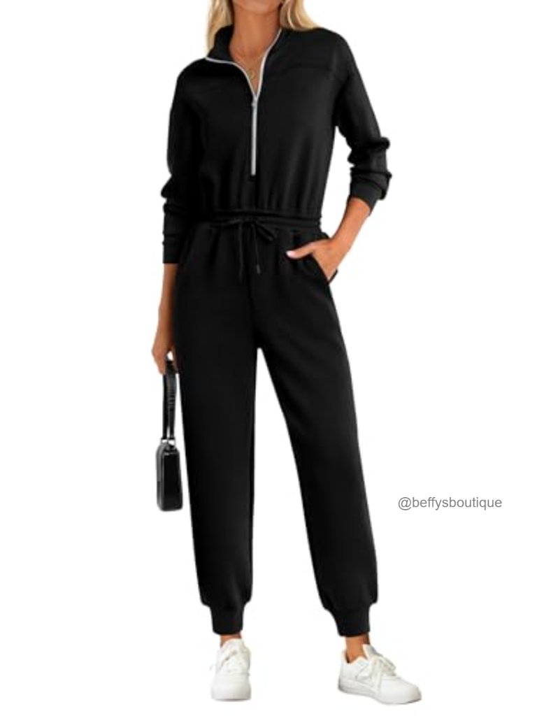 Long Sleeve Half-Zip Jumpsuit For Women Casual Romper With Pockets